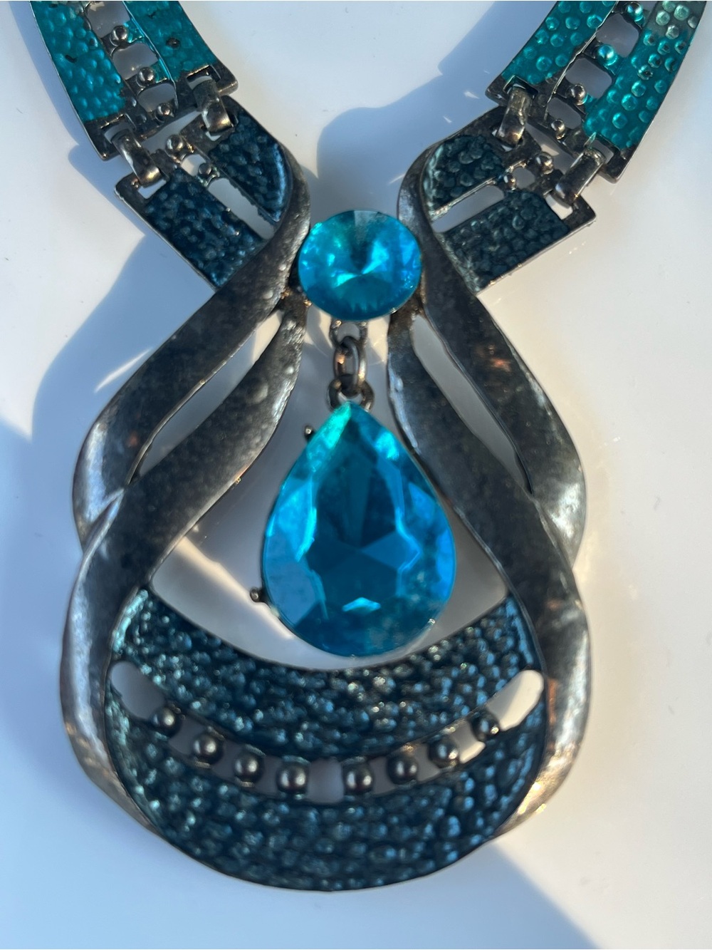 Source Unknown Teal Blue Teardrop Pendant Ethnic Boho Statement Necklace